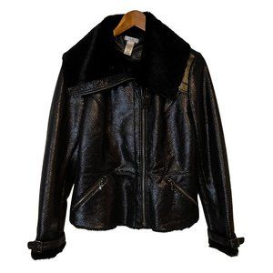 Cache Jacket Faux Fir Black High Collar Buckle accent Pockets Shimmer Womens